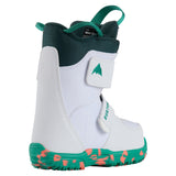 Burton Junior's Mini Grom Snowboard Boots 2025 - A pair of white snowboard boots with a green logo on the side and a strap closure.