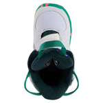 Burton Junior's Mini Grom Snowboard Boots 2025 - White snowboard boots with green and pink accents on the tongue and heel.