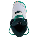 Burton Junior's Mini Grom Snowboard Boots 2025 - White snowboard boots with green and pink accents on the tongue and heel.