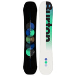 Burton Custom Snowboard 2025 - A black snowboard with a blue line down the middle and five overlapping circles in various shades of green, brown, and blue.