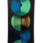 Burton Custom Snowboard 2025 - A black snowboard with a blue-green graphic design featuring three overlapping circles.