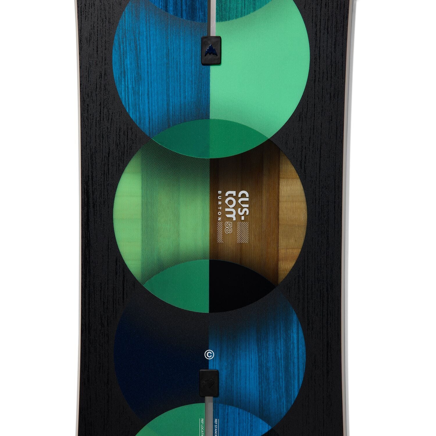 Burton Custom Snowboard 2025 - A black snowboard with a blue-green graphic design featuring three overlapping circles.