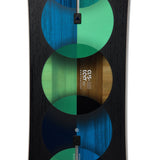 Burton Custom Snowboard 2025 - A black snowboard with a blue-green graphic design featuring three overlapping circles.