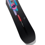 Burton Women's Feelgood Snowboard 2025 - A black snowboard with a pink circle and blue stripes on top.