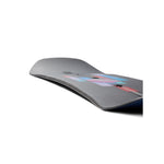 Burton Women's Feelgood Snowboard 2025 - A gray snowboard with a blue and pink design on top, featuring a black strap in the middle.