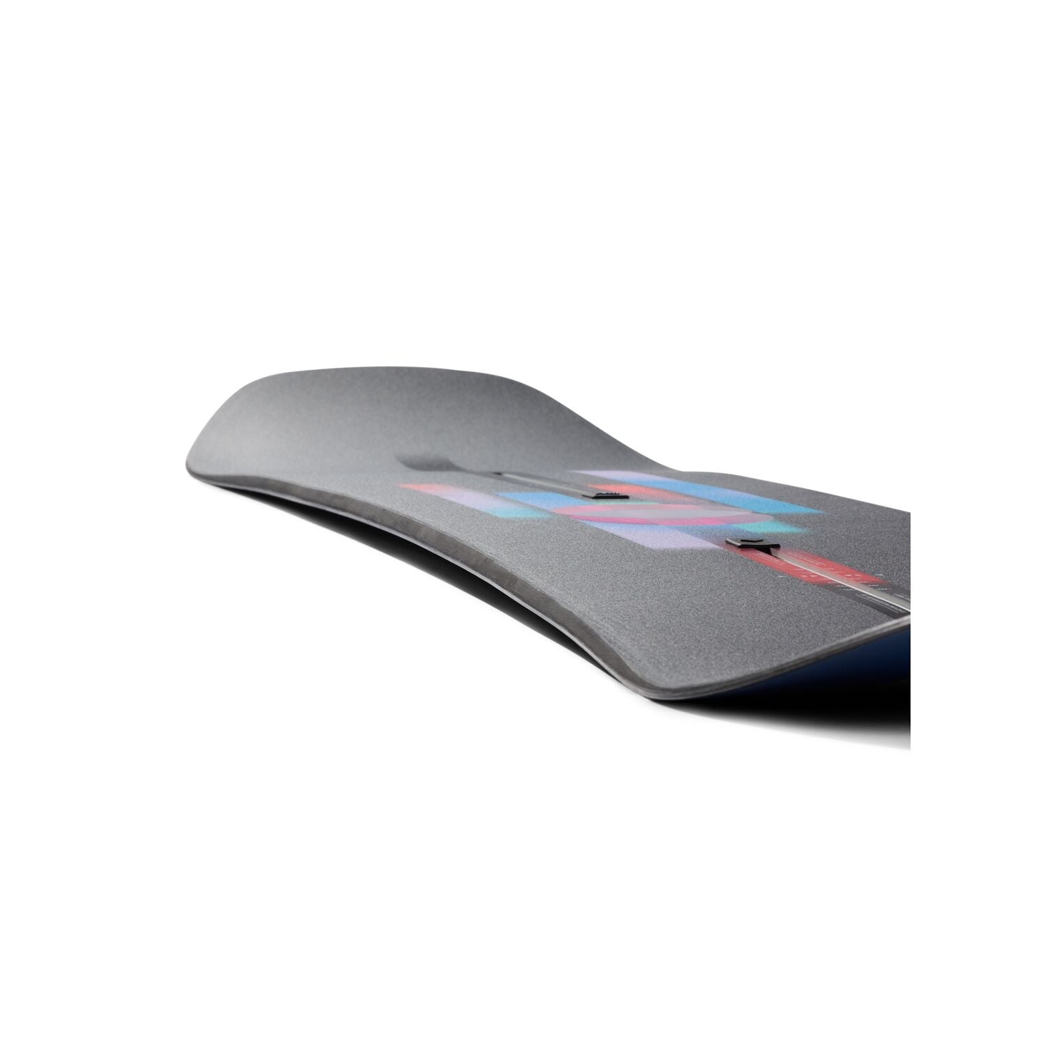 Burton Women's Feelgood Snowboard 2025 - A gray snowboard with a blue and pink design on top, featuring a black strap in the middle.