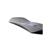 Burton Women's Feelgood Snowboard 2025 - A gray snowboard with a blue and pink design on top, featuring a black strap in the middle.