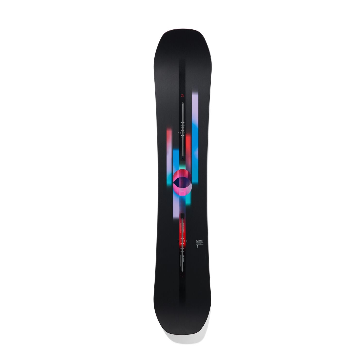 Burton Women's Feelgood Snowboard 2025 - A black snowboard with a pink and blue geometric design on top of it.