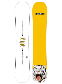 Burton Process Snowboard 2025 - A white snowboard with a black stripe down the middle and three yellow tigers walking from top to bottom.