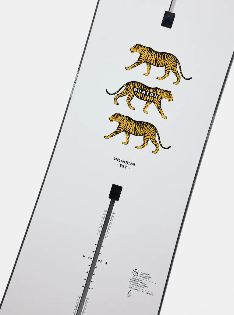 Burton Process Snowboard 2025 - A white snowboard with a black stripe down the middle and a blue logo on the top left corner.