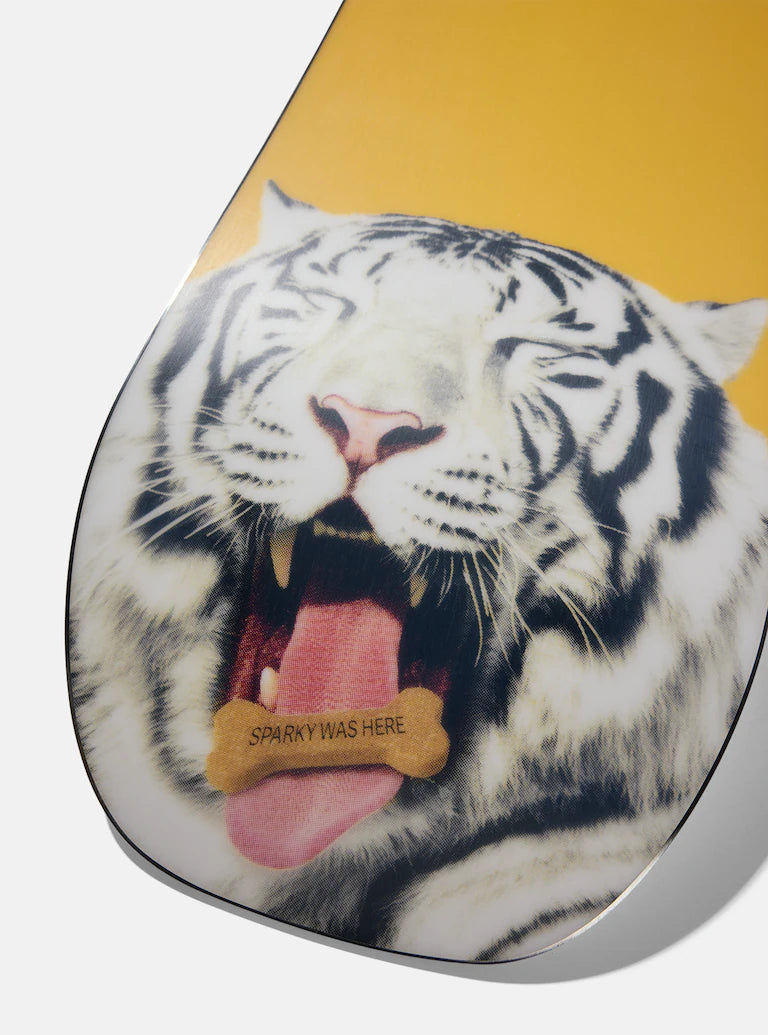 Burton Process Snowboard 2025 - A snowboard with a white background featuring a large, stylized "B" logo in black and red at its center.