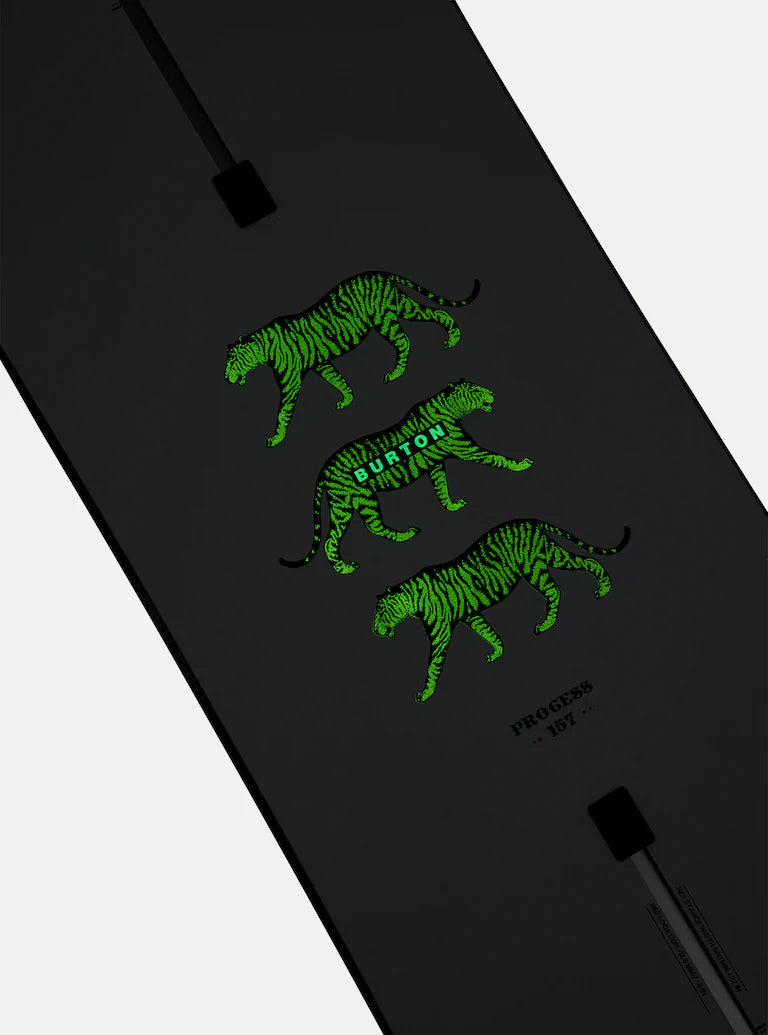 Burton Process Snowboard 2025 - A black snowboard with a green tiger graphic on top.