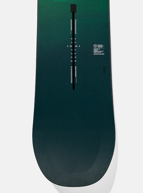 Burton Women's Yeasayer Flying V Snowboard 2025 - A dark green snowboard with a white logo and text on top, featuring a flying v shape.