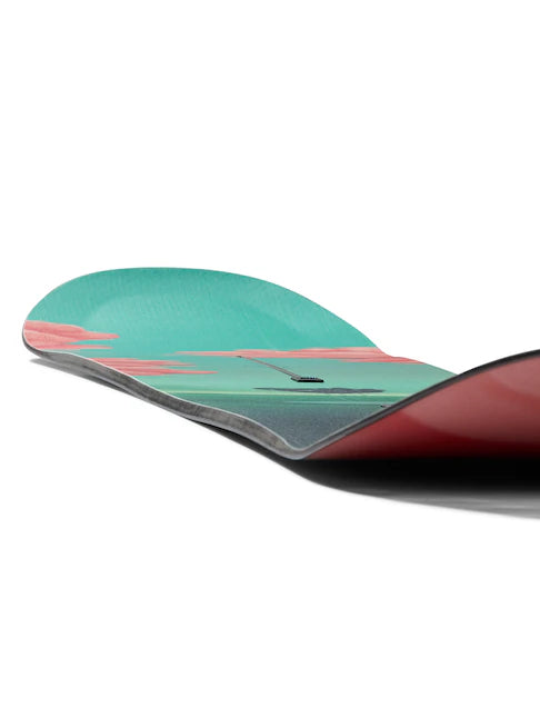 Burton Women's Yeasayer Flying V Snowboard 2025 - A snowboard with a teal top and pink accents, featuring a flying v shape.