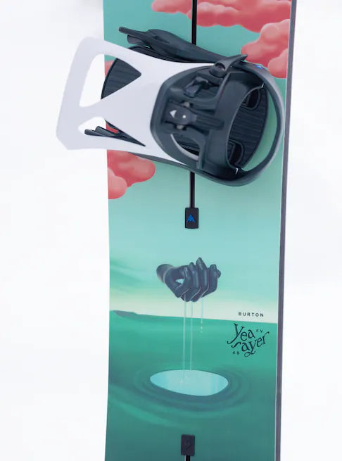 Burton Women's Yeasayer Flying V Snowboard 2025 - A snowboard with a white base and black bindings, featuring a distinctive flying v shape on its underside.