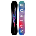 Burton Women's Feelgood Flying V Snowboard 2025 - A black snowboard with a pink and blue gradient design on its bottom edge.