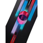 Burton Women's Feelgood Flying V Snowboard 2025 - A black snowboard with a pink and purple graphic of a flying bird on top of a mountain.