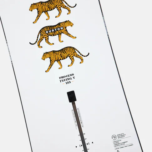 Burton Process Board Flying V Snowboard 2025 - White snowboard with black and yellow tiger stripes on the top, featuring a flying v logo in white letters.