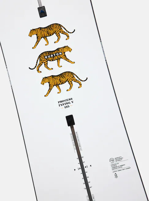 Burton Process Board Flying V Snowboard 2025 - White snowboard with black and yellow tiger stripes on the top, featuring a flying v logo in white letters.