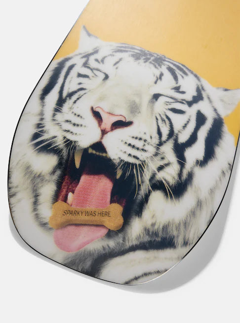 Burton Process Board Flying V Snowboard 2025 - A white snowboard with a black stripe down the middle and a small, round Burton logo on the top left corner.