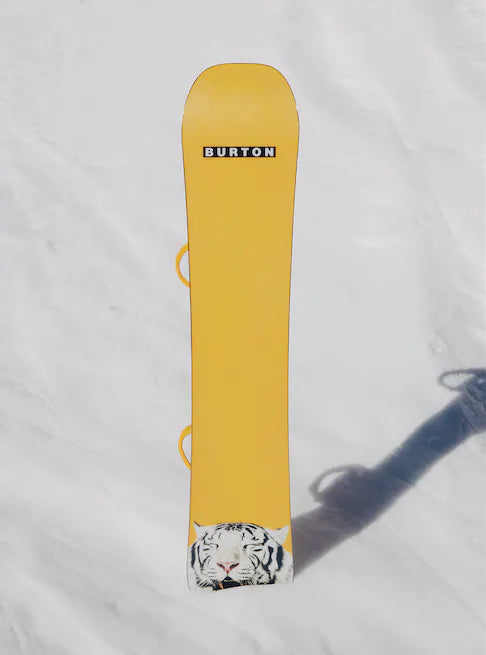 Burton Process Board Flying V Snowboard 2025 - A yellow snowboard with a rounded tip and two small loops on either side of the board near the top.