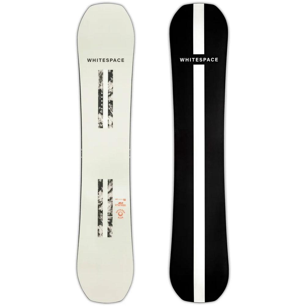 Whitespace AMF Park Twin Snowboard 2023 - A black snowboard with a white stripe down the middle and a marbled pattern on the top sheet.
