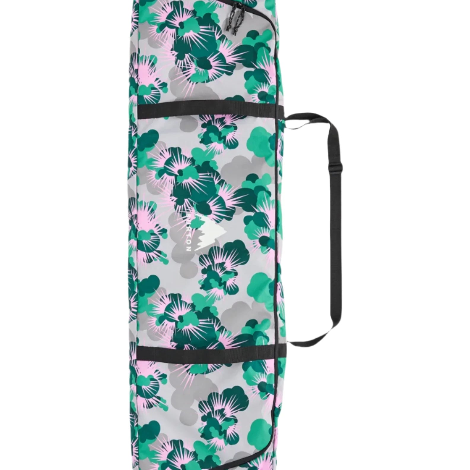 Burton Space Sack Snowboard Bag - A white snowboard bag with a repeating pattern of green and pink flowers, featuring black straps and zippers.