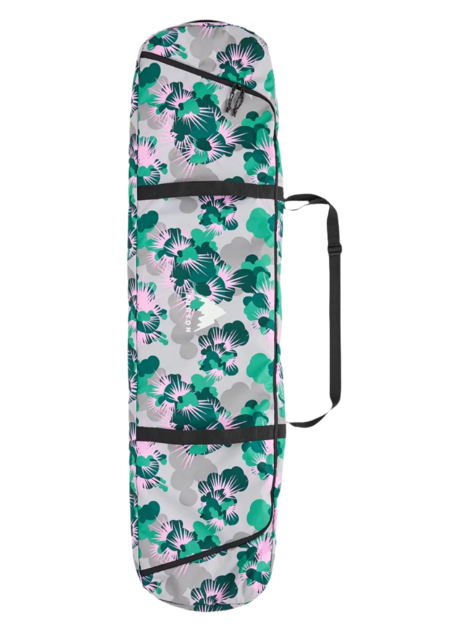 Burton Space Sack Snowboard Bag - A white snowboard bag with a repeating pattern of green and pink flowers, featuring black straps and zippers.
