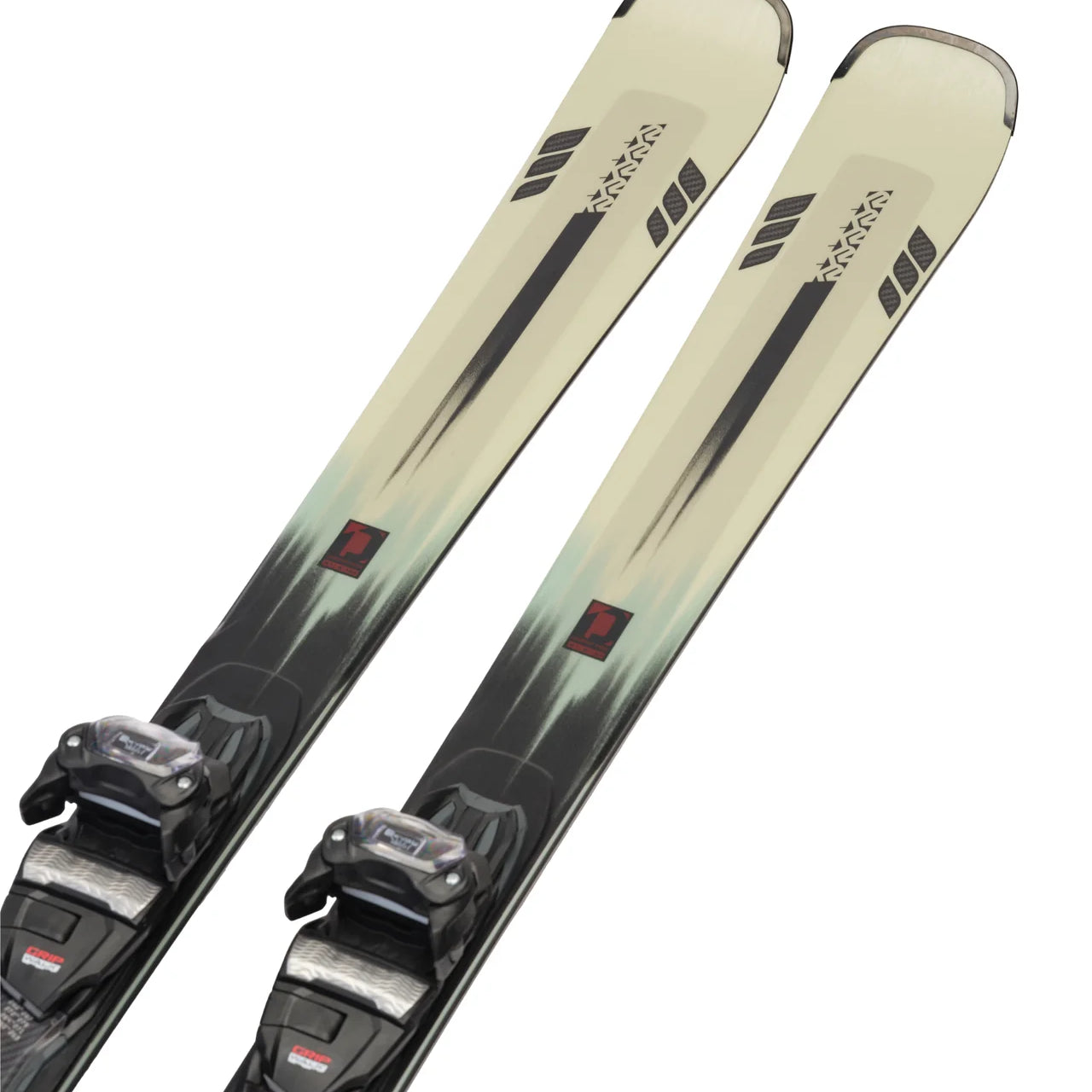 K2 Disruption MTI skis feature a gray and white design with red accents and ERC 11 bindings.