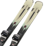 K2 Disruption MTI skis feature a gray and white design with red accents and ERC 11 bindings.