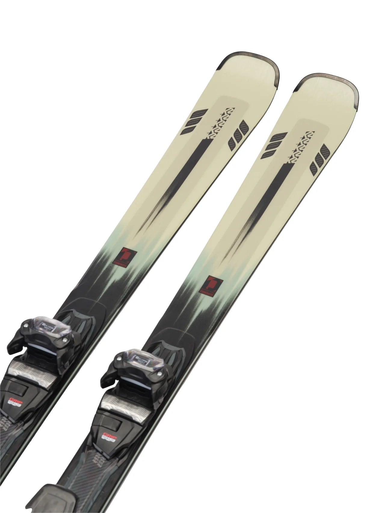 K2 Disruption MTI skis feature a gray and white design with red accents and ERC 11 bindings.