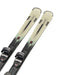 K2 Disruption MTI skis feature a gray and white design with red accents and ERC 11 bindings.