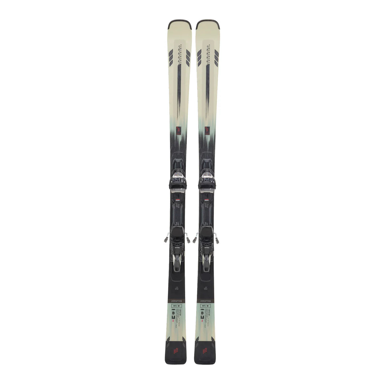 K2 Disruption MTI skis, 2024 model, feature a white and red design with black bindings.