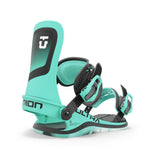 Union Women's Ultra Snowboard Binding - A mint green snowboard binding with a black logo on top and black buckles.