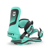 Union Women's Ultra Snowboard Binding - A mint green snowboard binding with a black logo on top and black buckles.