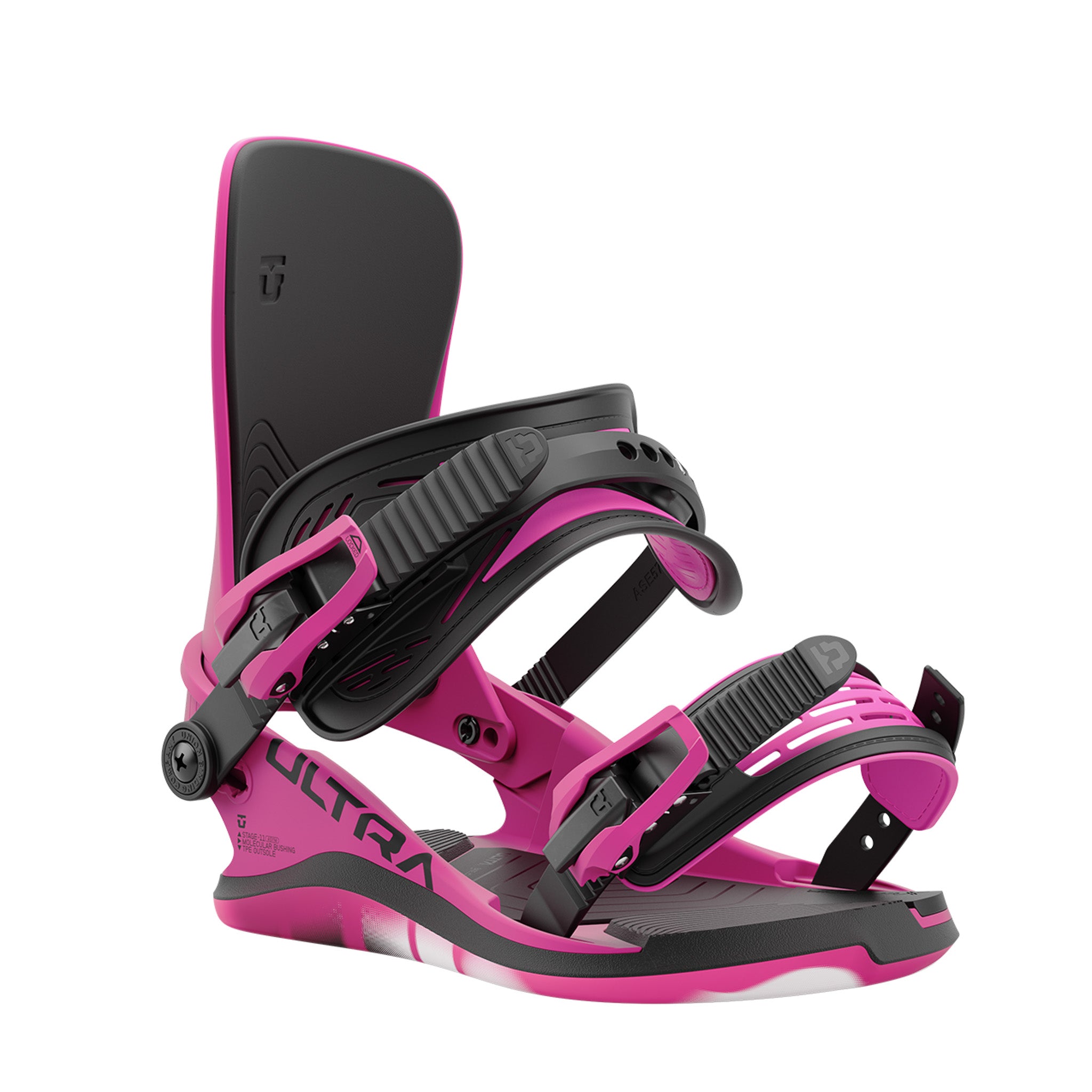 Union Women's Ultra Snowboard Binding - 2025 binding with black straps and a pink base plate.