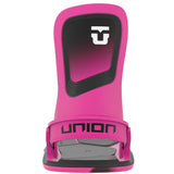 Union Women's Ultra Snowboard Binding - A pink snowboard binding with a black logo on top and gray base plate.
