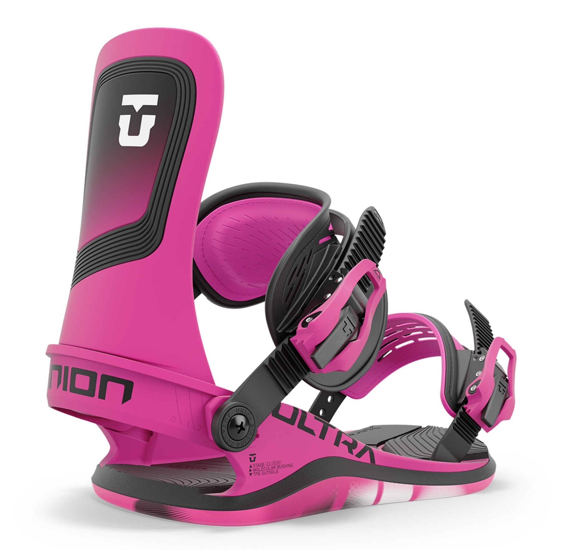 Union Women's Ultra Snowboard Binding - A pink snowboard binding with a black logo on top and a black strap.