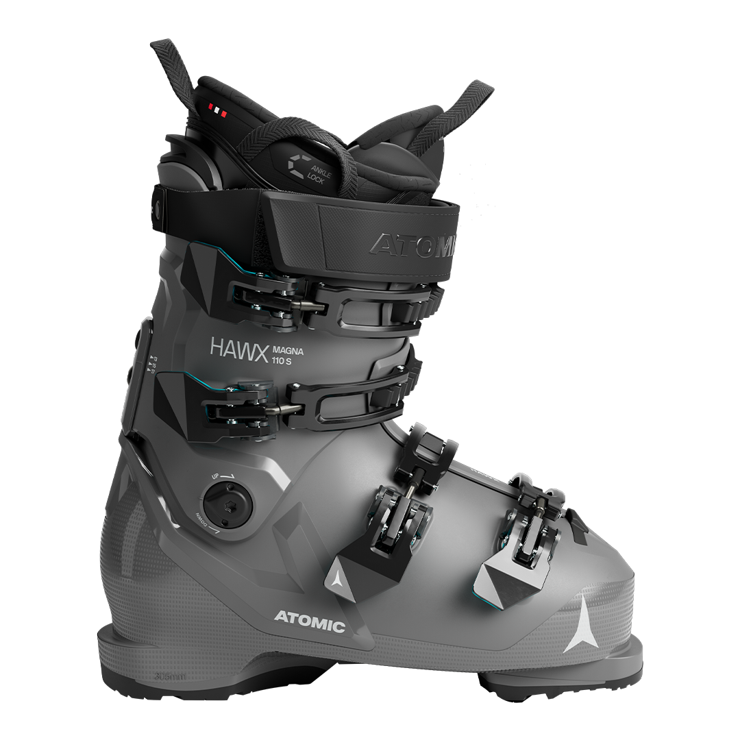 Atomic Hawx Magna 110 S - Black ski boots with a sleek, modern design and silver buckles.