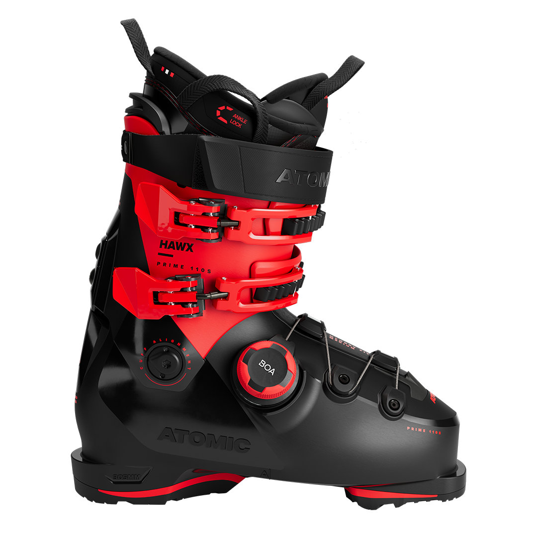 Atomic Hawx Prime 110 S BOA - Black ski boot with red accents and a black BOA dial on the side.