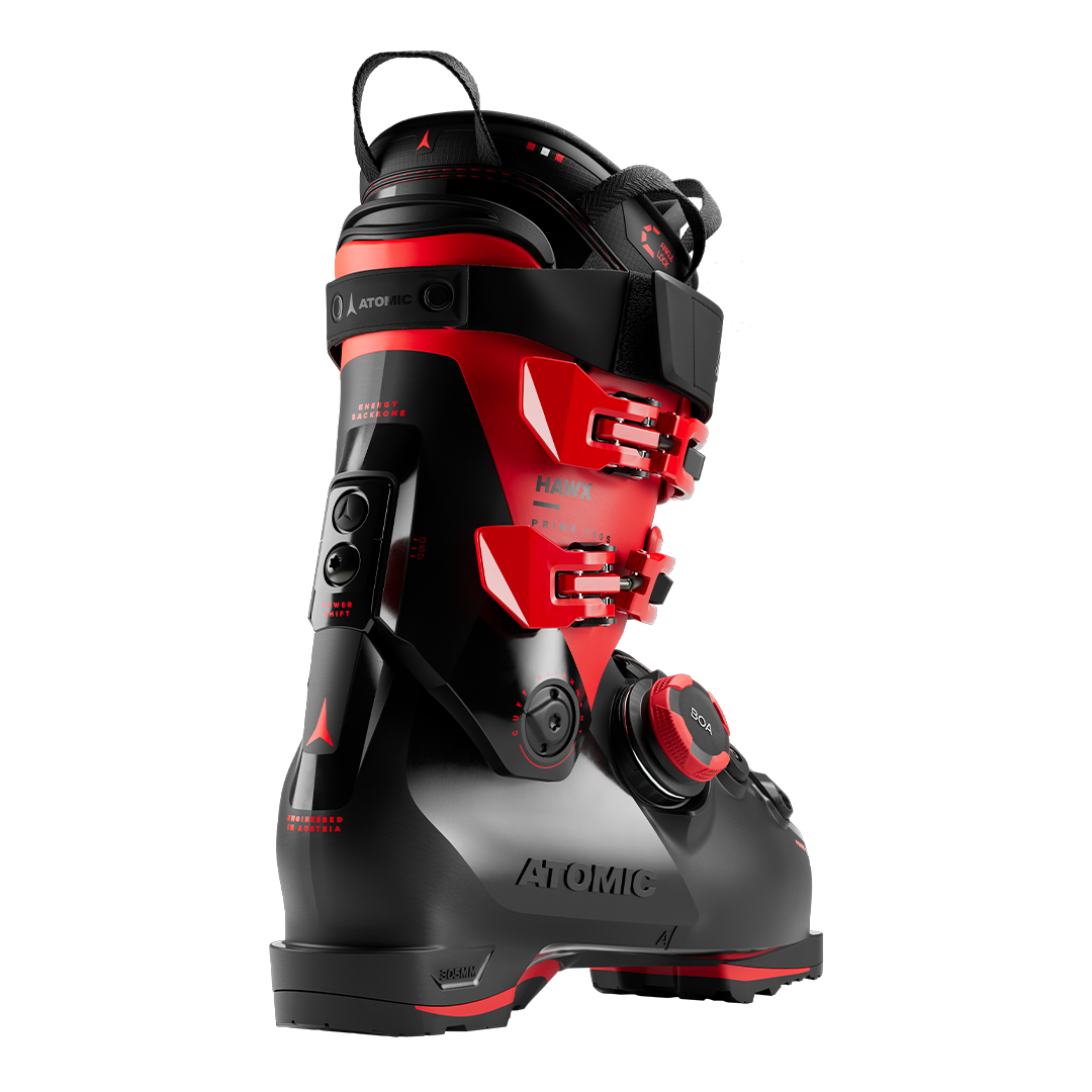 Atomic Hawx Prime 110 S BOA Ski Boot - Black ski boot with red accents and a black strap on top, featuring a BOA closure system.
