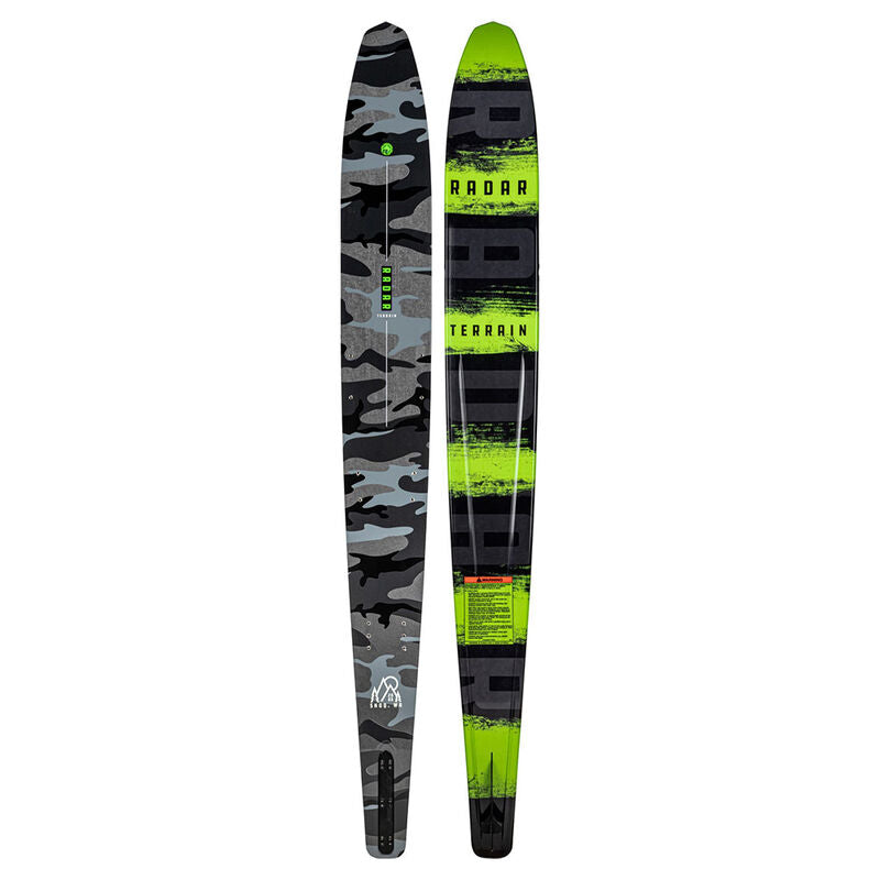 Radar Terrain Slalom Ski With Prime Boot & ARTP Bindings - A black and gray camouflage ski with a green logo on top.