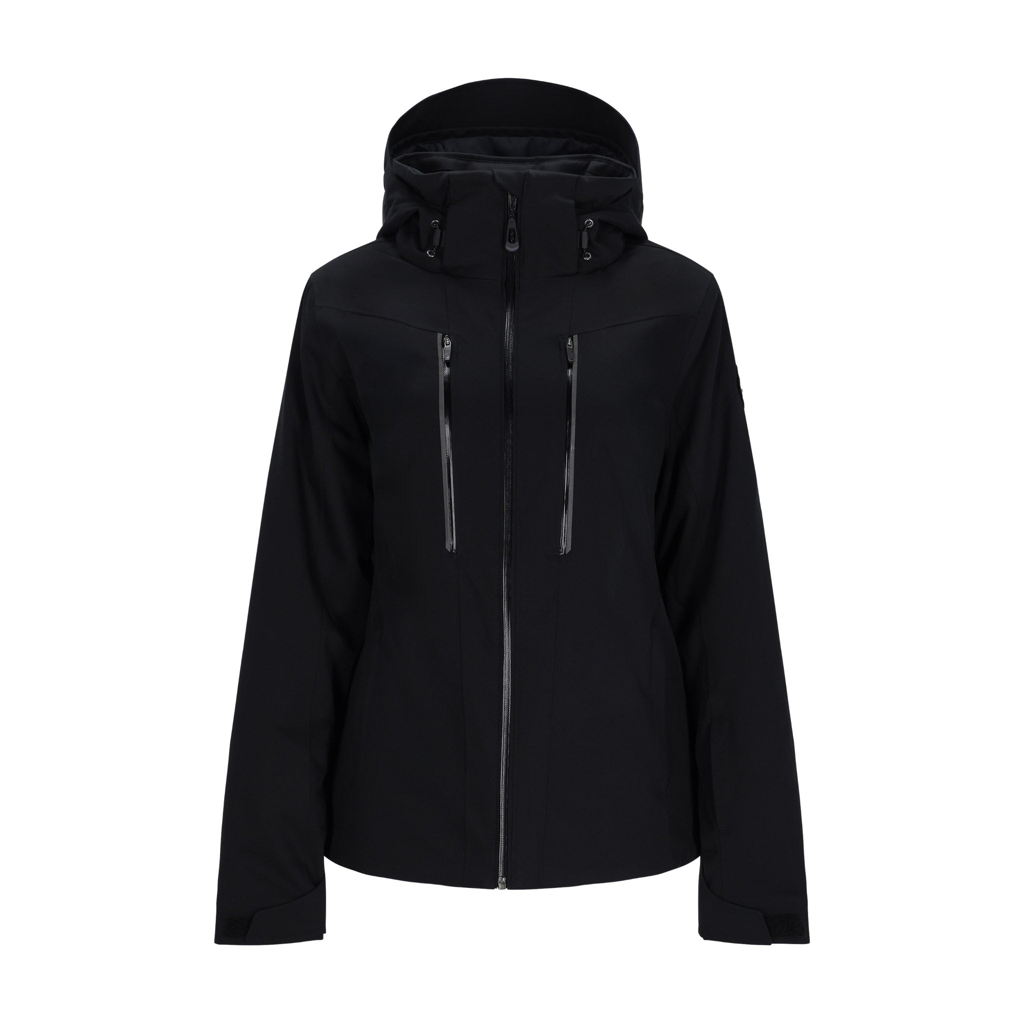 Obermeyer Women's Glade Insulated Jacket 2025 - A black insulated jacket with a hood, featuring two zippered pockets on the front and a zipper down the center.
