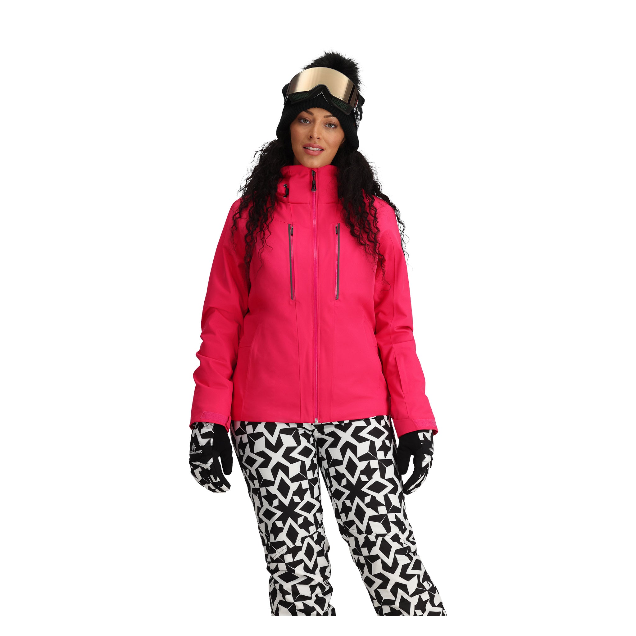 Obermeyer Women's Glade Insulated Jacket - A bright pink jacket with a high collar and zippered pockets, featuring black zippers and a black drawstring at the waist.