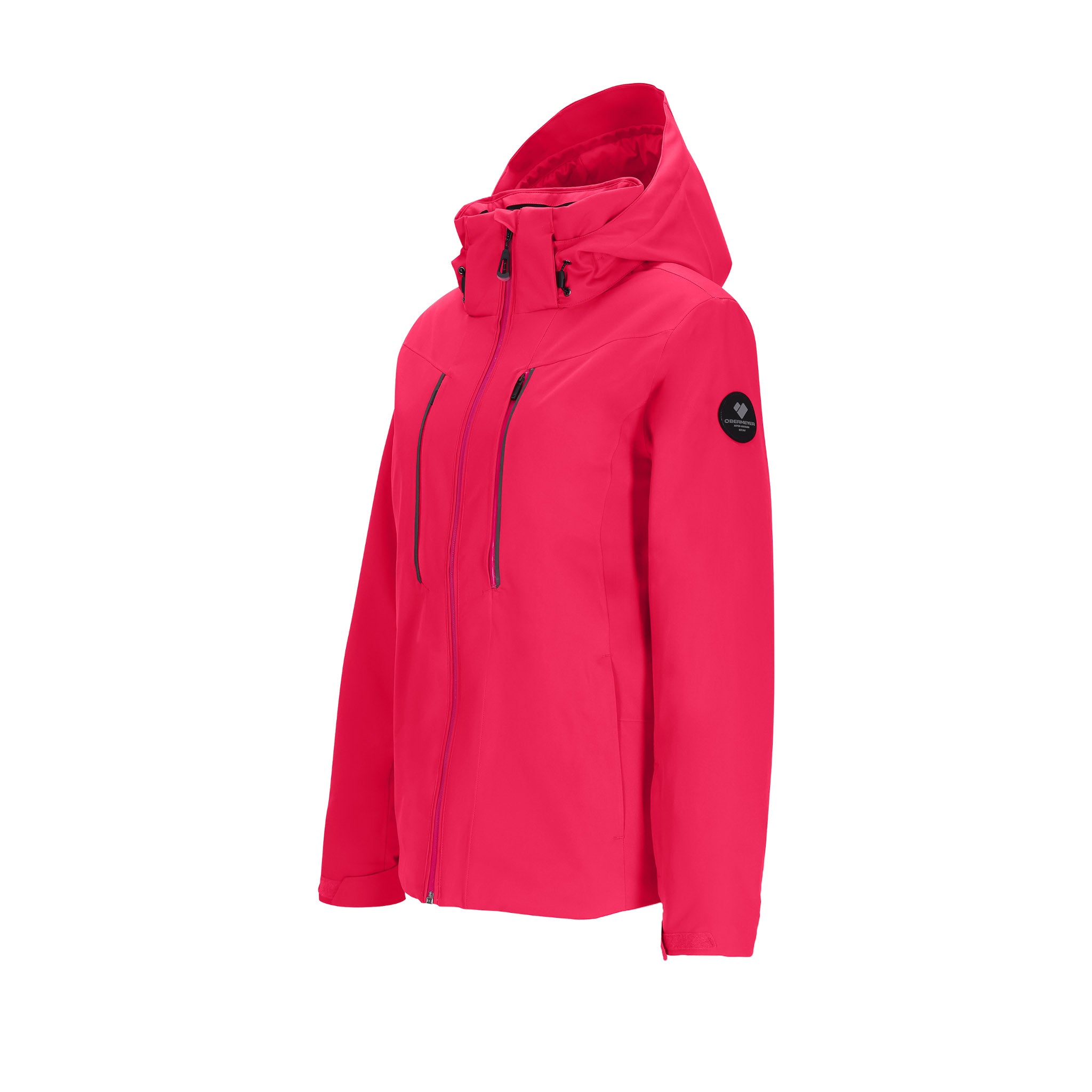 Obermeyer Women's Glade Insulated Jacket 2025 - A bright pink jacket with a hood, featuring two zippered pockets on the front and a black logo patch on the left sleeve.