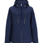 Obermeyer Women's Glade Insulated Jacket 2025 - A navy blue jacket with a hood, featuring two zippered pockets on the front and a black zipper running down the center.