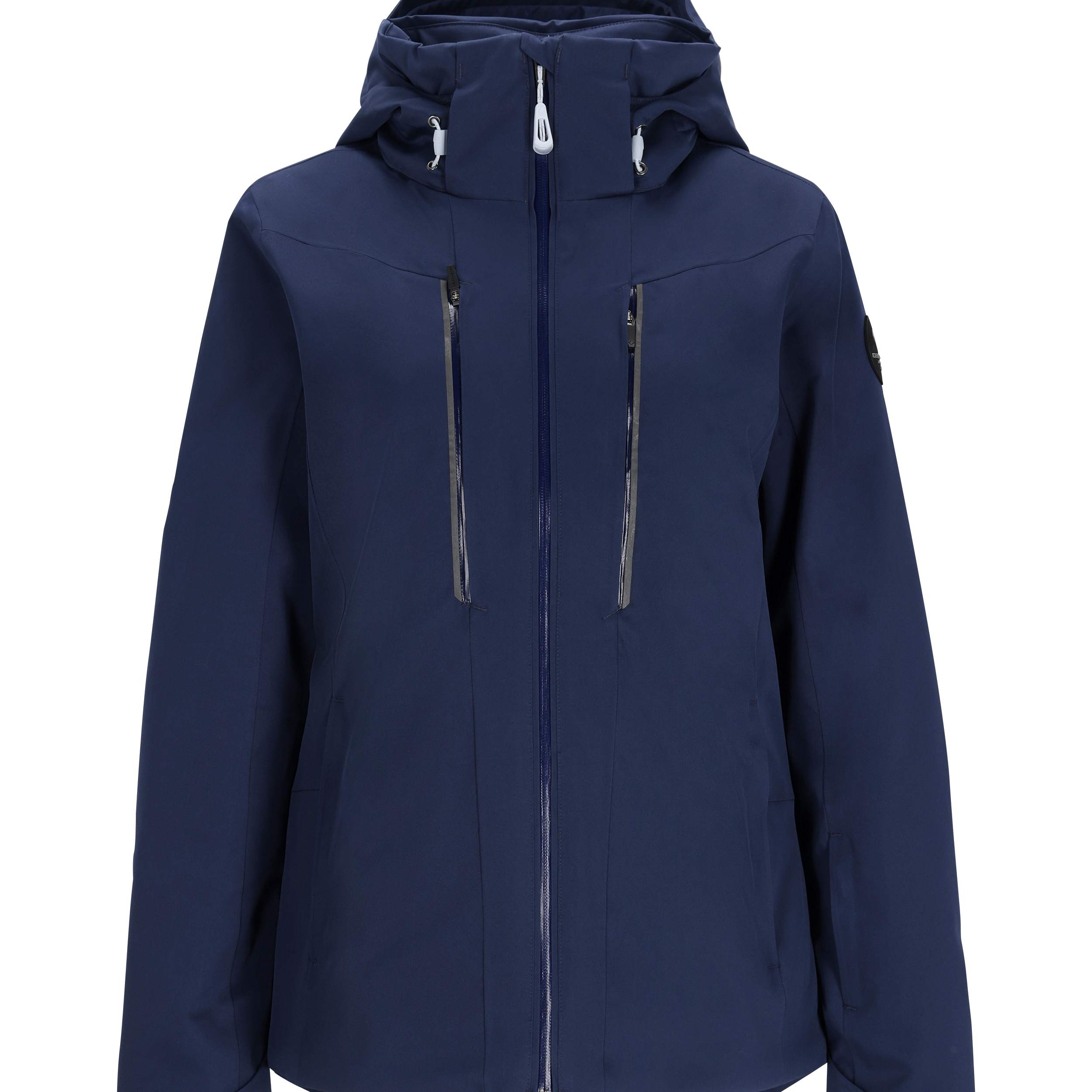 Obermeyer Women's Glade Insulated Jacket 2025 - A navy blue jacket with a hood, featuring two zippered pockets on the front and a black zipper running down the center.
