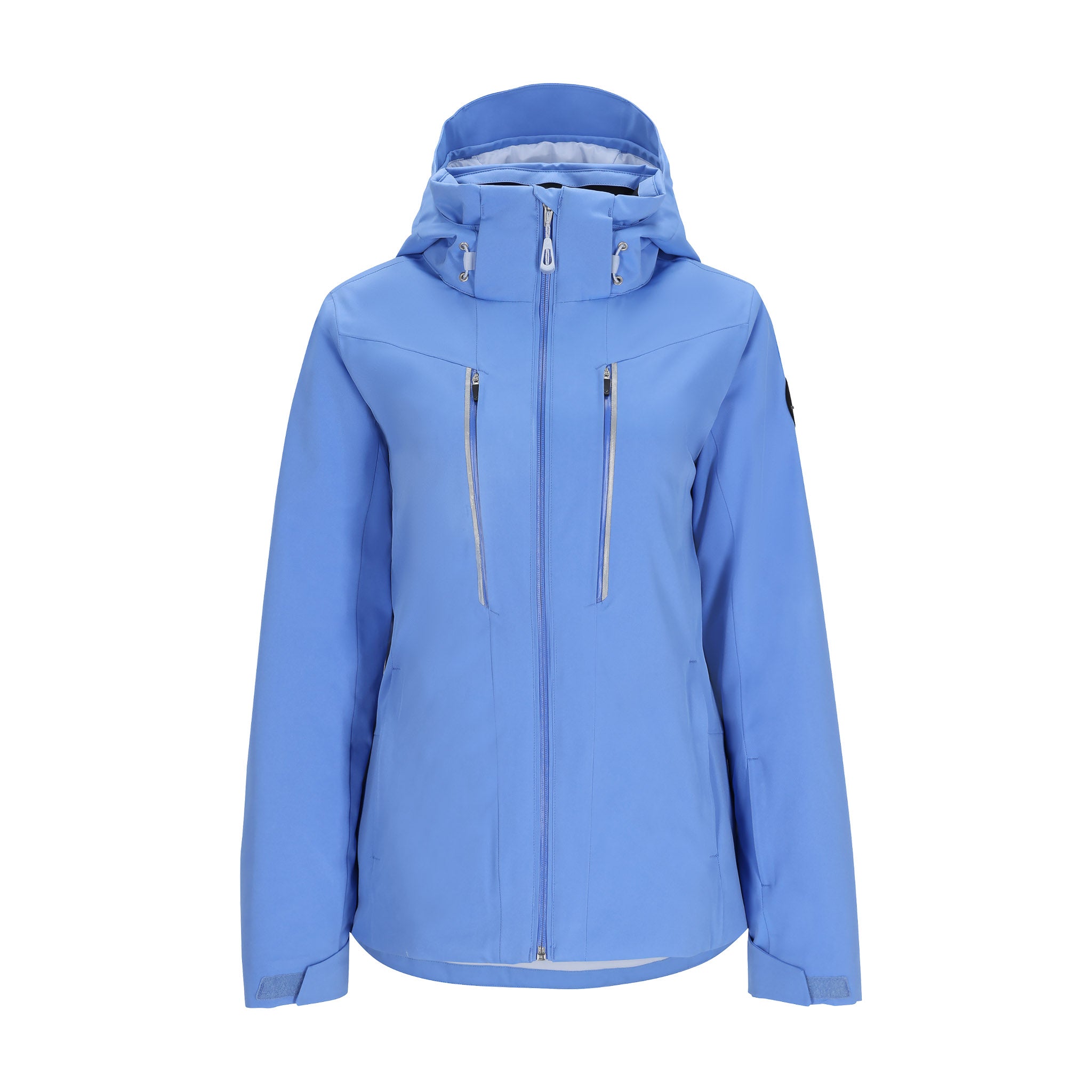 Obermeyer Women's Glade Insulated Jacket 2025 - A light blue jacket with a hood, featuring two zippered pockets on the front and silver zippers.
