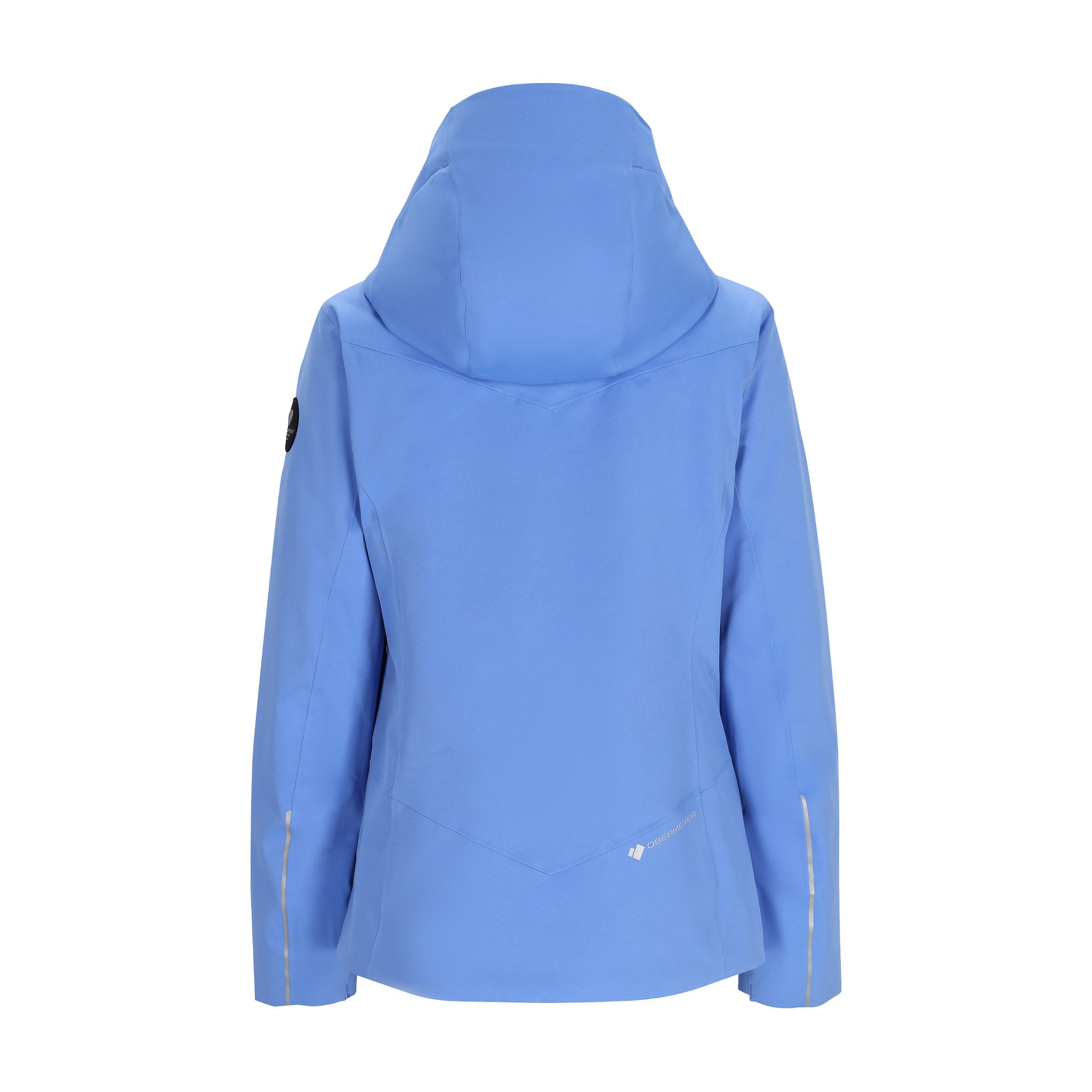 Obermeyer Women's Glade Insulated Jacket 2025 - A light blue jacket with a hood, featuring reflective strips on the sleeves and chest.