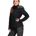 Obermeyer Women's Tuscany Elite Insulated Jacket 2025 - A black jacket with a fur-lined hood and zippered pockets.